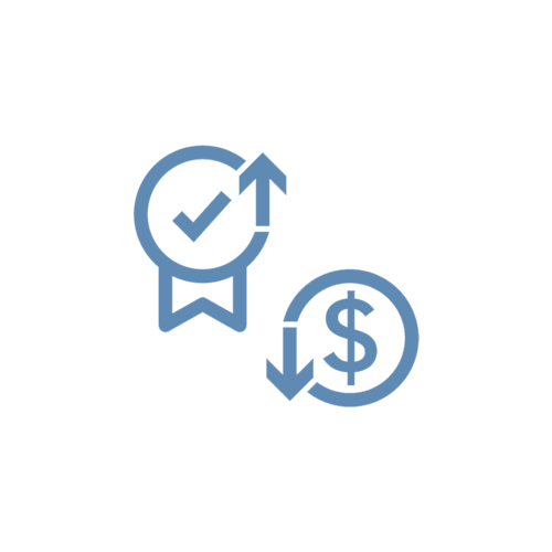 Icon for increase quality and lower transaction costs Blue tick and dollar icon symbolizing benefit to increase quality and lower transaction costs